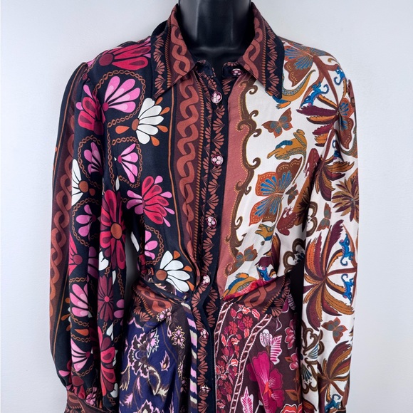 Farm Rio Women Miranda Mix Printed Chemise Midi Dress Size Small - Picture 2 of 11